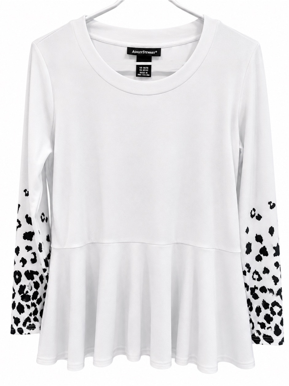 NWT Ashley Stewart White Leopard Print Sleeve Peplum Top Plus Size 14/16 - Picture 2 of 4